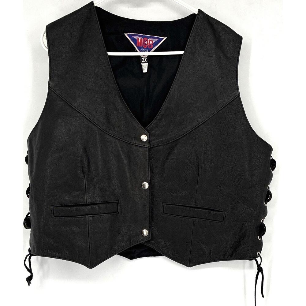 Vintage MOB Blk Leather Sz 2X Laces Silver Conchas Vest Pockets